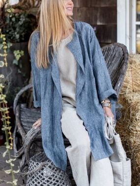 Vikolino - Linen Open Front Oversized Blue Mid-weight Duster Summer Coat - XL